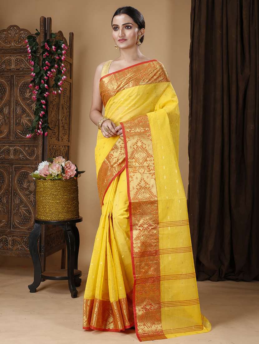 yellow cotton blend handloom saree - 22056439 - Standard Image - 2