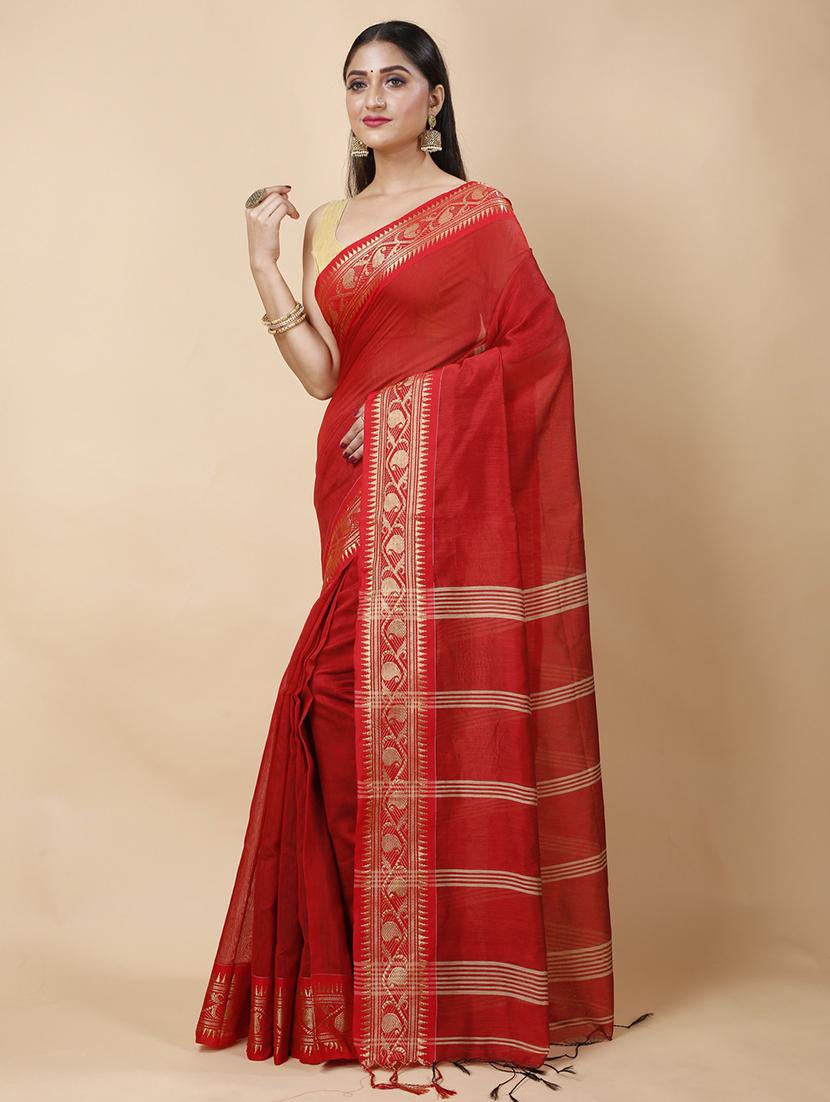 red cotton blend handloom saree - 22056494 - Standard Image - 2