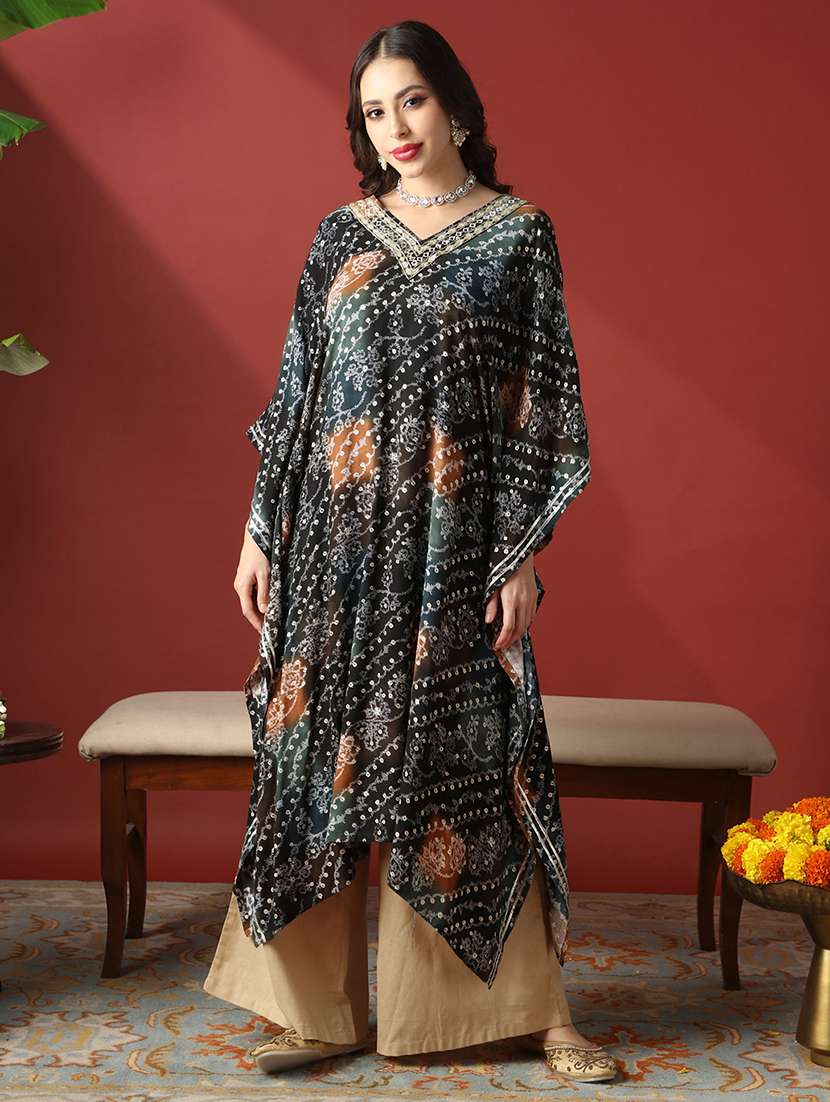 globus women navy blue zari embroidered v-neck ethnic print gotta patti fusion kaftan kurta