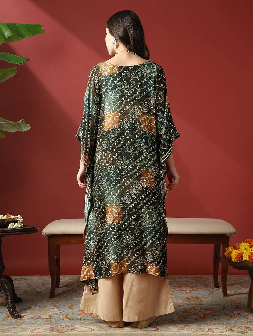globus women green zari embroidered v-neck ethnic print gotta patti fusion kaftan kurta - 22056929 - Standard Image - 2