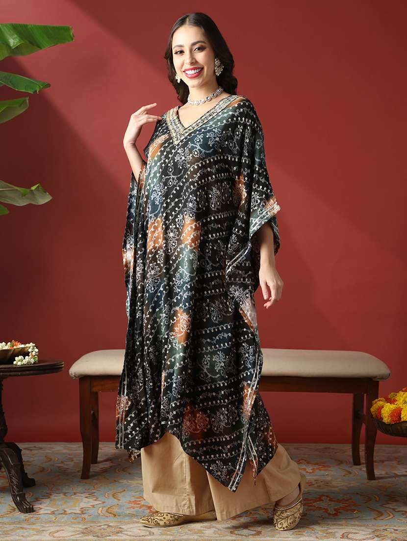 globus women navy blue zari embroidered v-neck ethnic print gotta patti fusion kaftan kurta - 22056929 -  Standard Image - 2