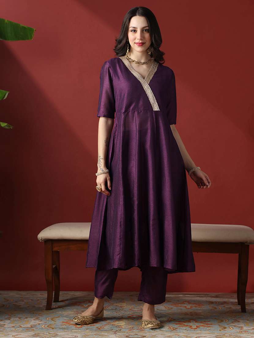 globus women purple lace detail v-neck panelled anarkali kurta with straight pants festive set