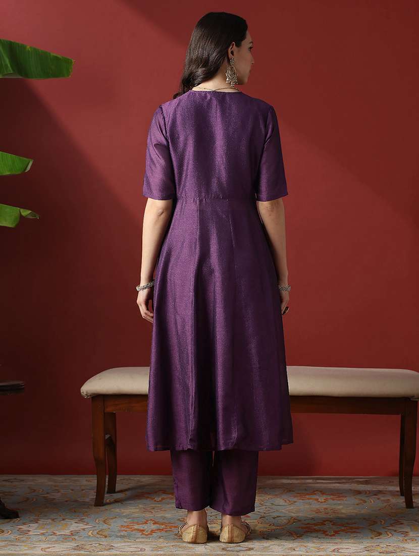globus women purple lace detail v-neck panelled anarkali kurta with straight pants festive set - 22056930 - Standard Image - 2