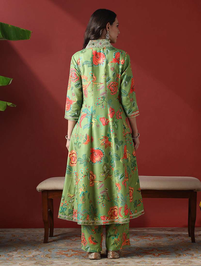 globus women green zari embroidered v-neck panelled floral print anarakali kurta with pants festive set - 22056931 -  Standard Image - 2