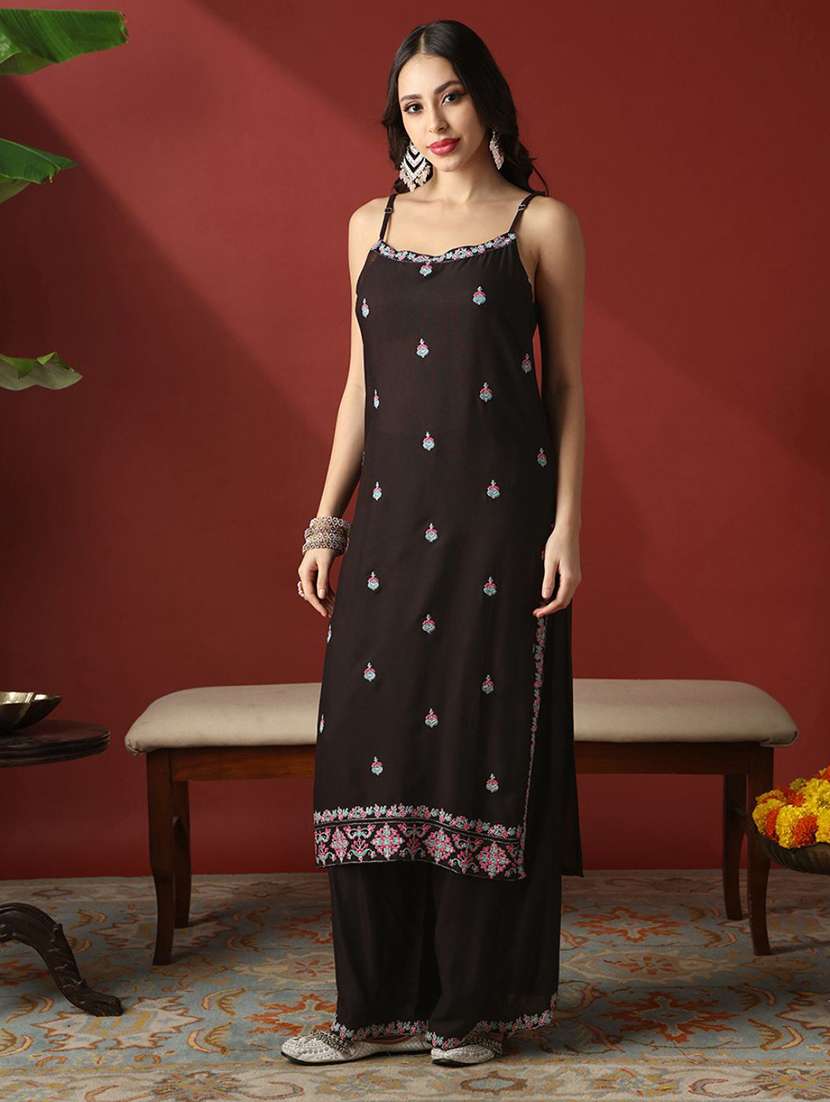 globus women black round neck strappy shoulder floral embroiered straight kurta with wide leg pants festive set