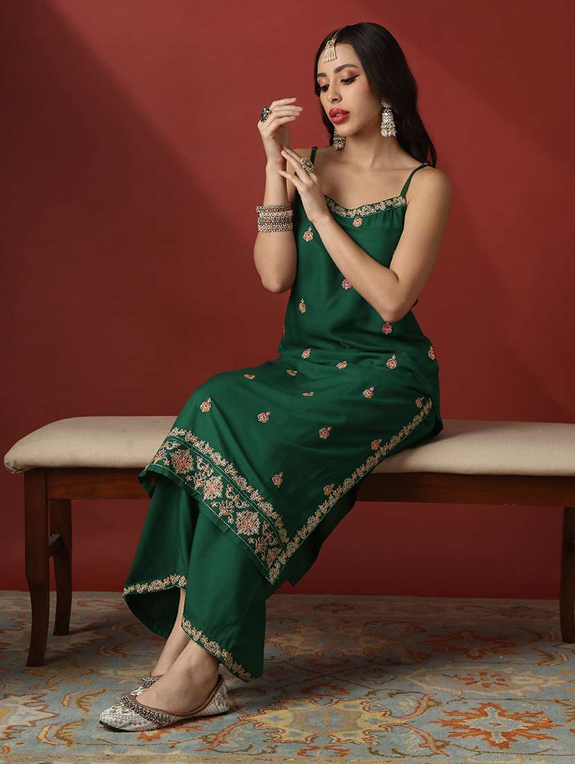 globus women green round neck strappy shoulder floral embroiered straight kurta with wide leg pants festive set