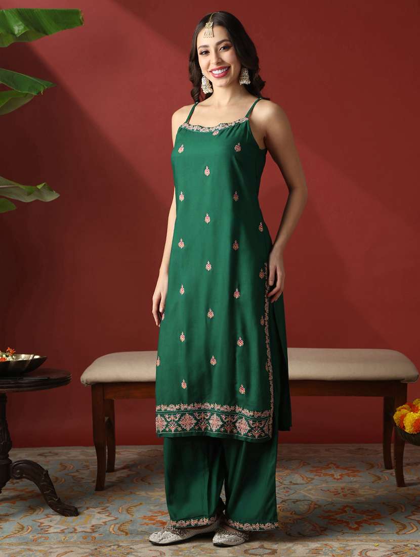 Globus Women Green Round Neck Strappy Shoulder Floral Embroiered Straight Kurta With Wide Leg Pants Festive Set