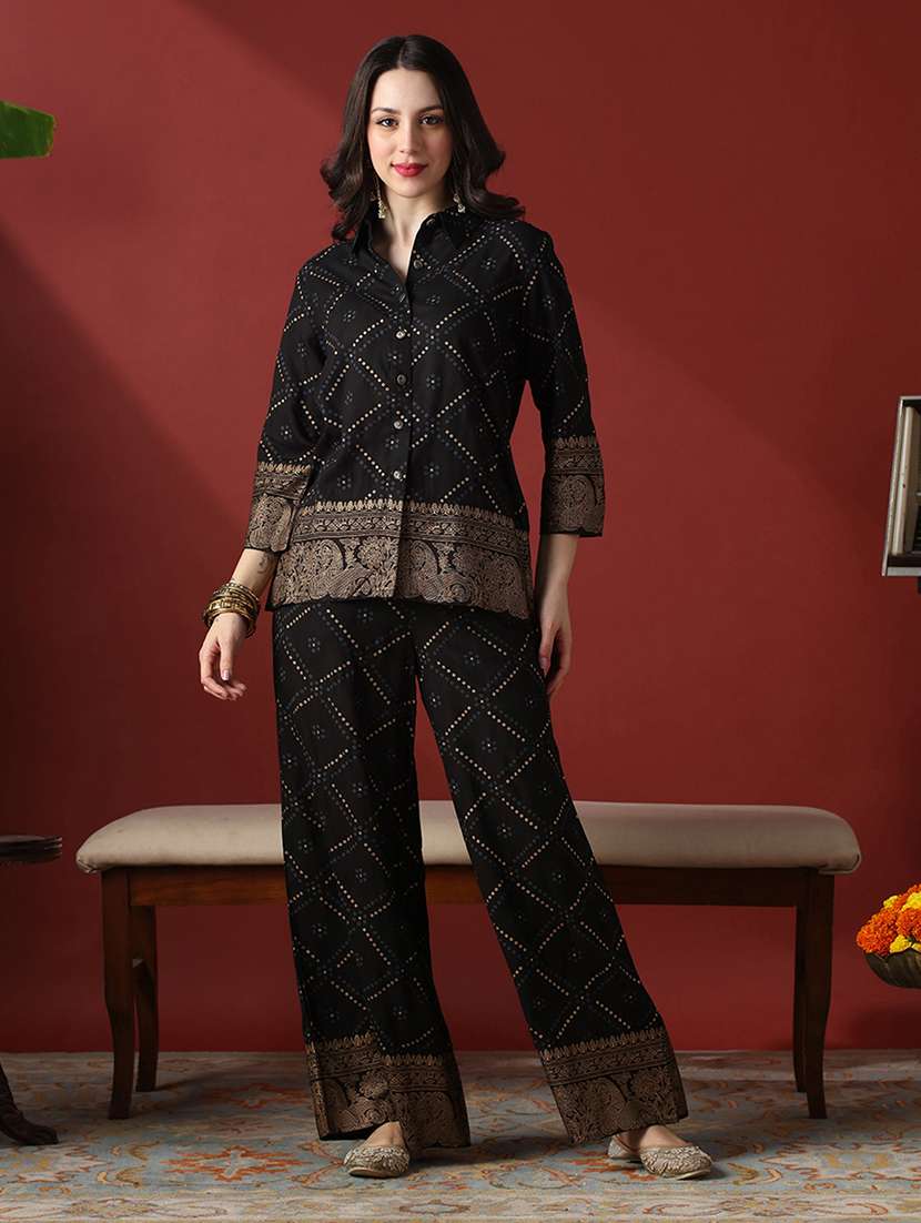 globus women black collared neck gold foil bandhani print shirt with palazzos fusion co-ord set