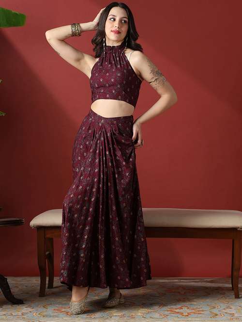 globus women maroon floral print smock detail halter neck crop top with pleated maxi skirt fusion co-ord set - 22056949 - Standard Image - 0