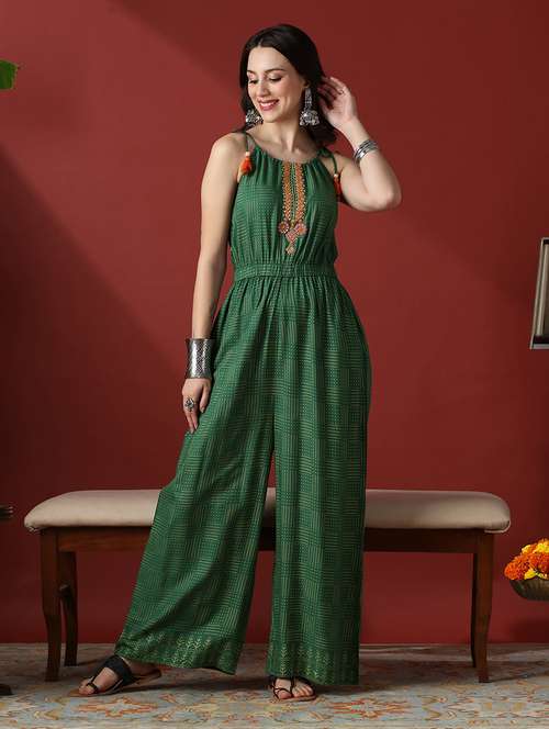 globus women green embroidered yoke & gold foil polka dot tie-up straps wide leg fusion jumpsuit - 22056951 - Standard Image - 0