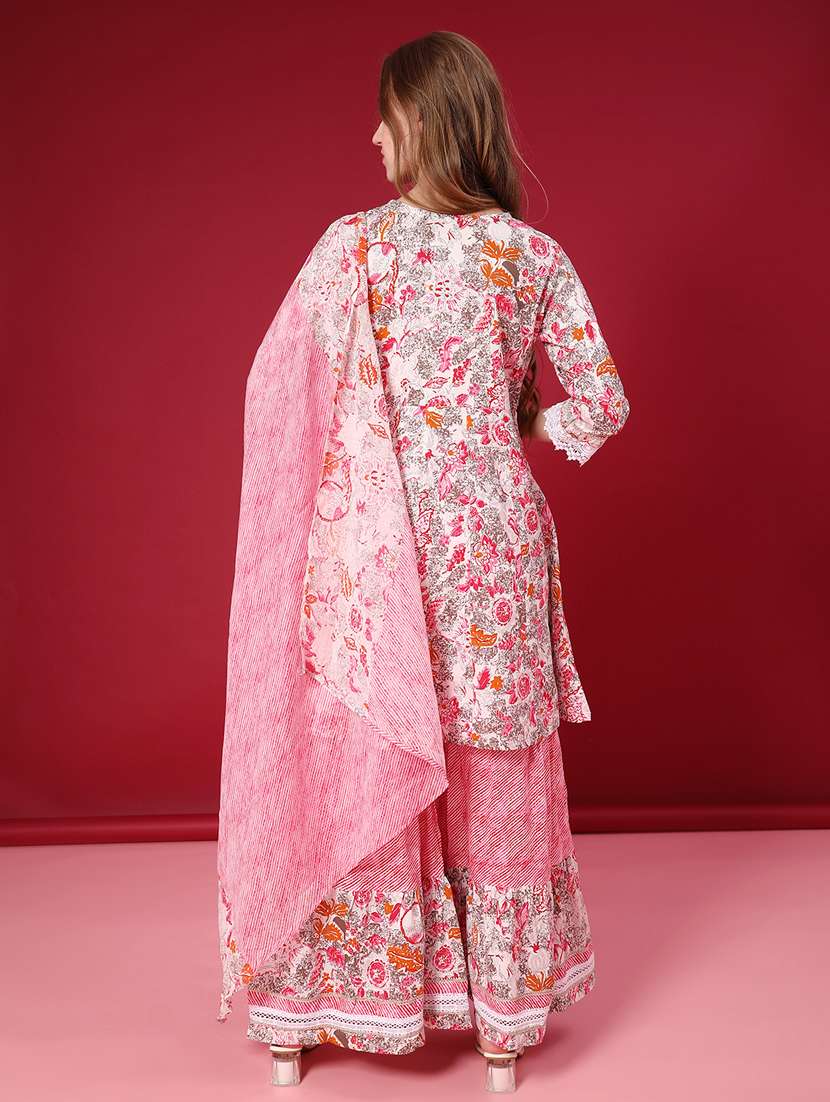 women printed three quarter sleeve kurta sharara with dupatta set - 22057024 -  Standard Image - 2