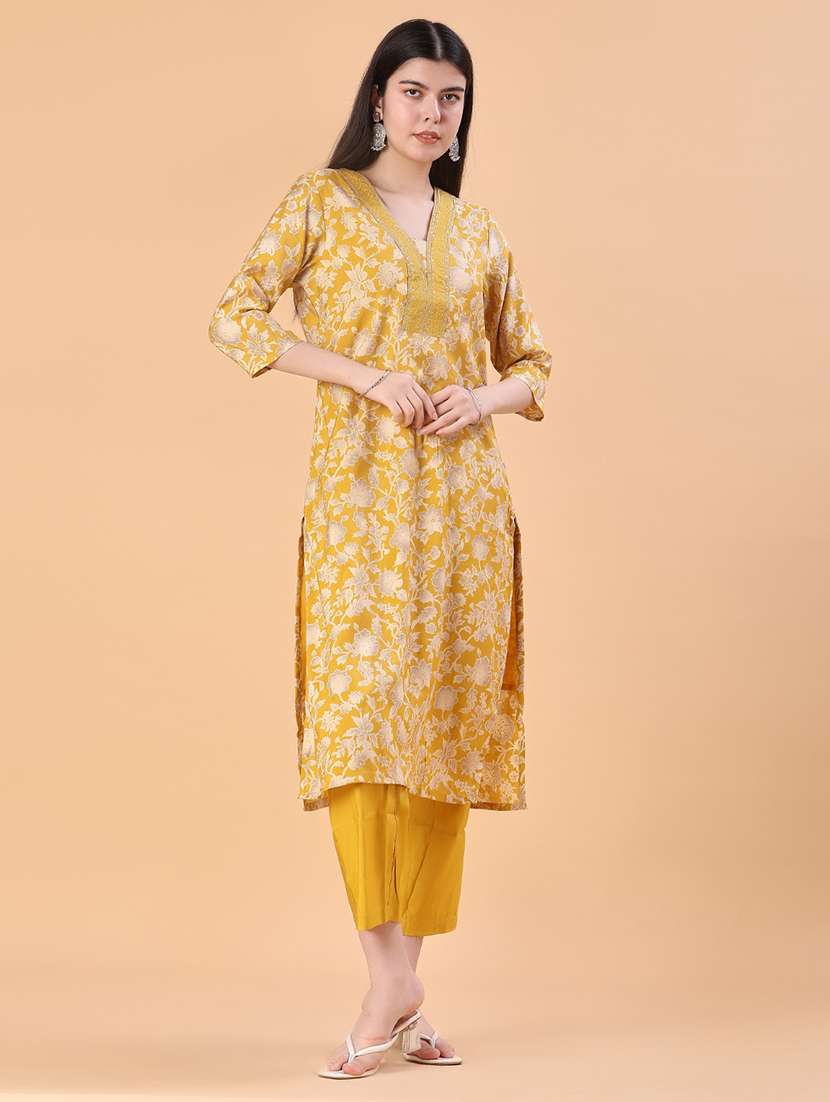 women floral three quarter sleeve kurta pant set - 22057198 -  Standard Image - 2