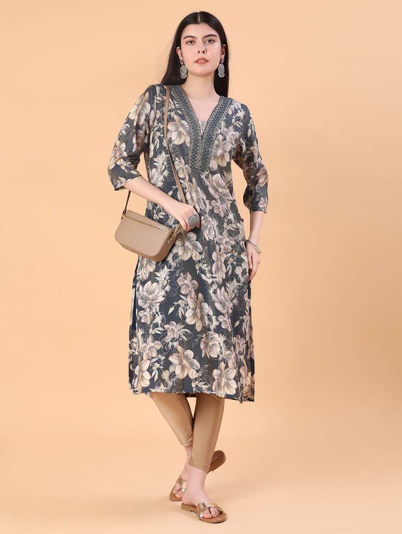 women floral print vneck straight kurta
