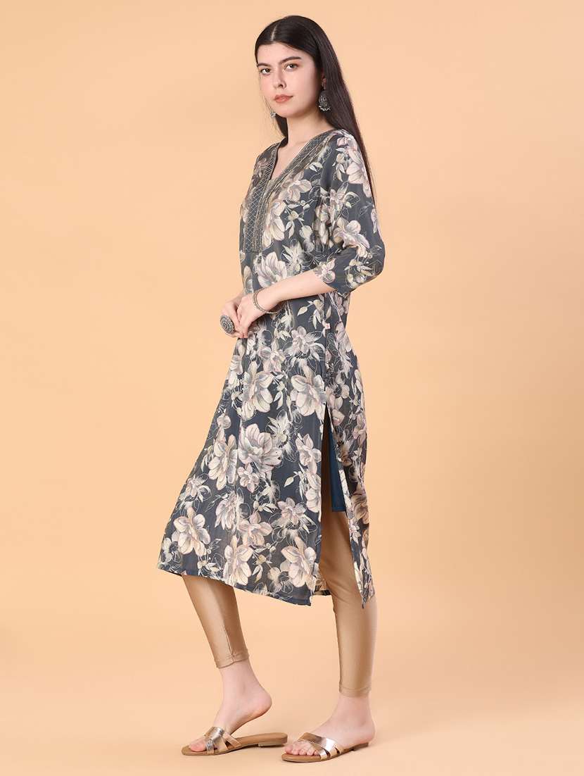 women floral print vneck straight kurta - 22057204 -  Standard Image - 2