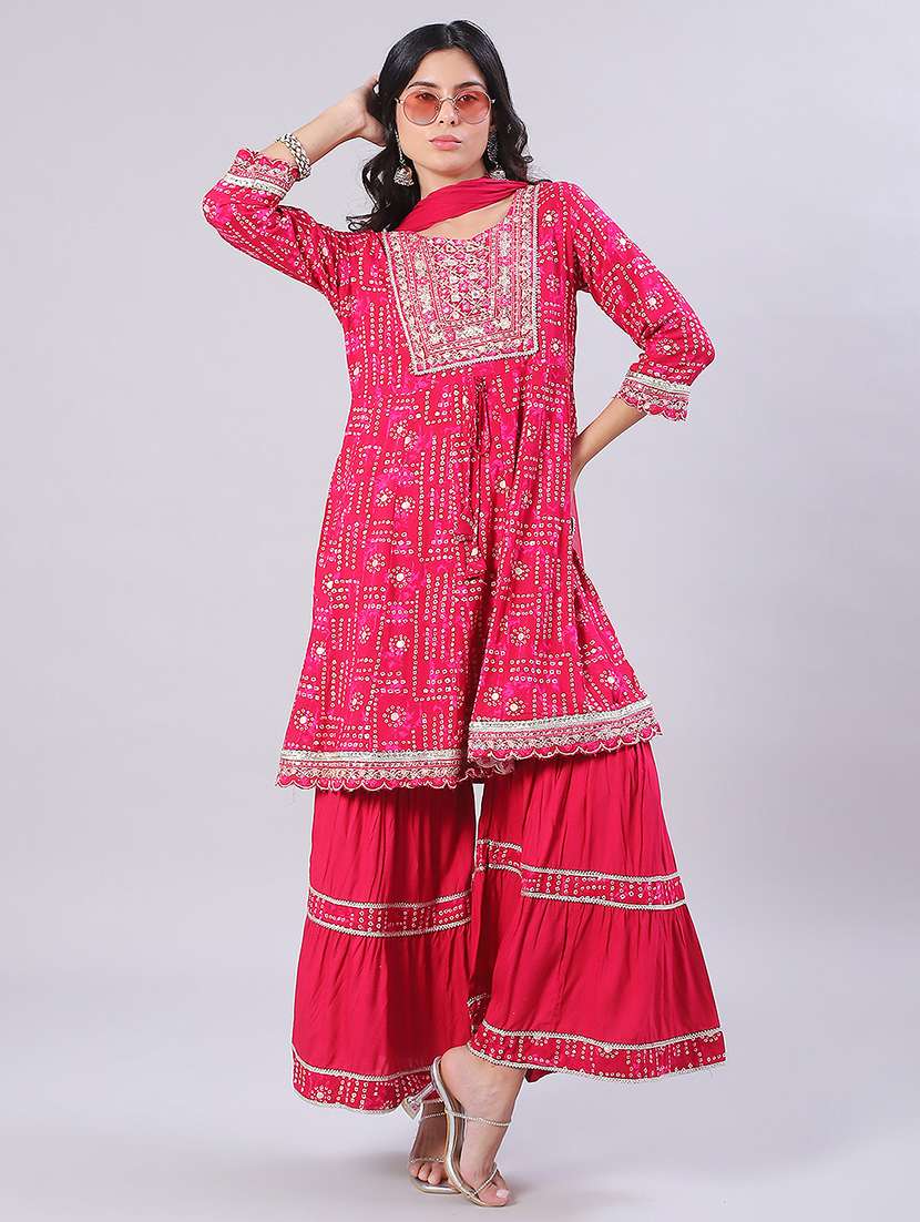 women three quarter sleeve kurta and sharara with dupatta  - 22057595 -  Standard Image - 2