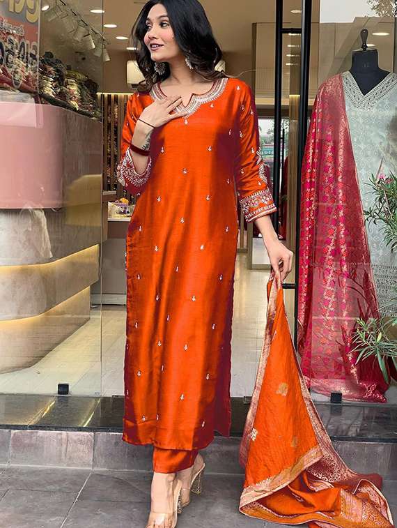 women three quarter sleeve kurta pant with dupatta set - 22057682 - Standard Image - 2