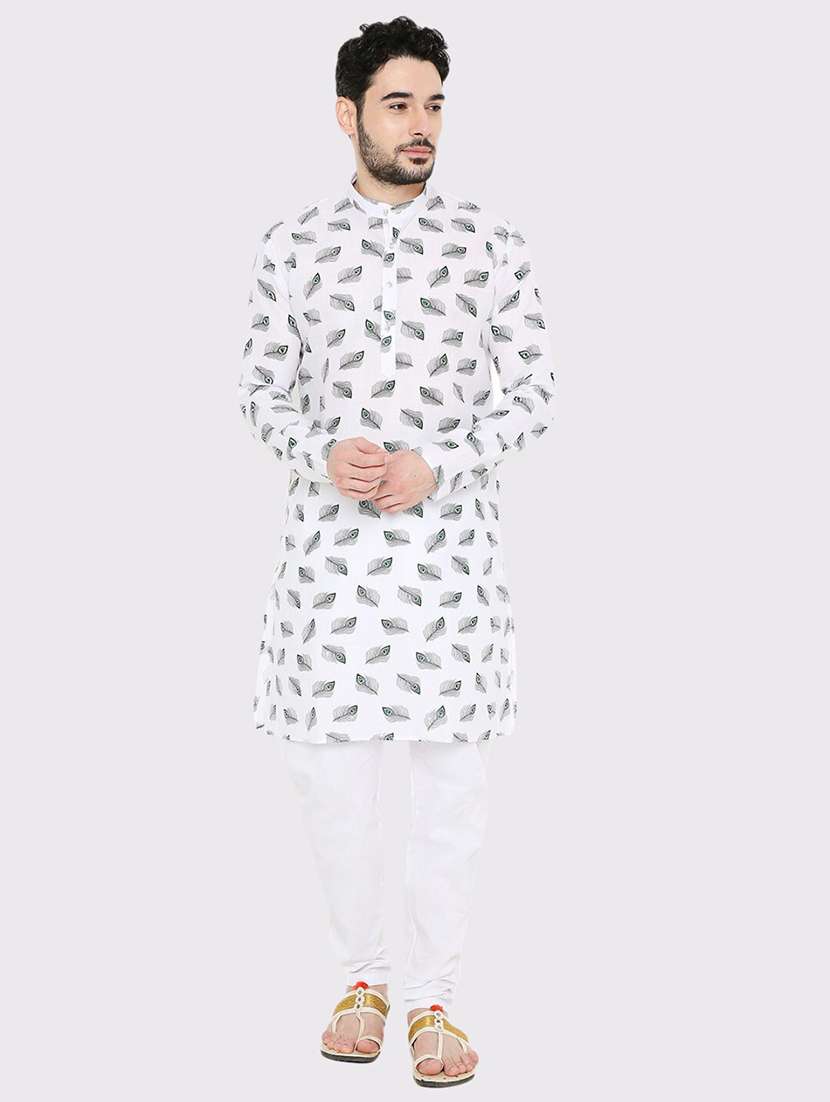 men printed long sleeve kurta and pyjama set
