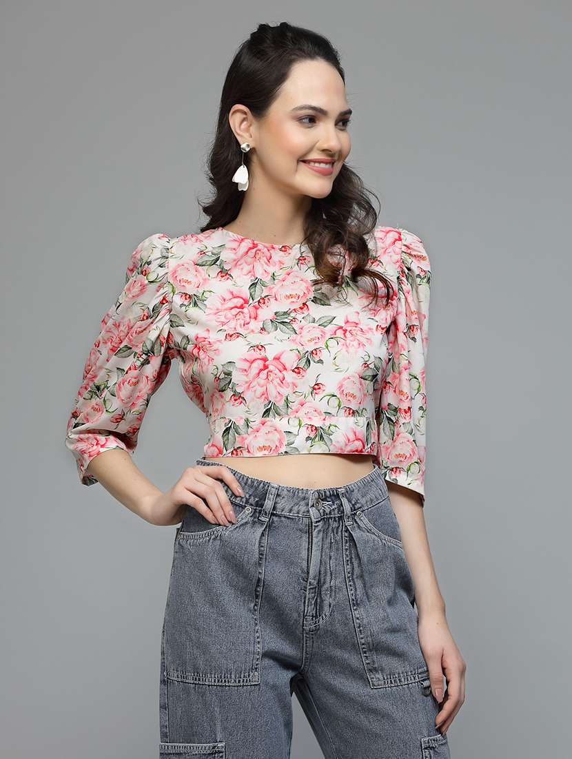 women floral print puff sleeve back tie crop top