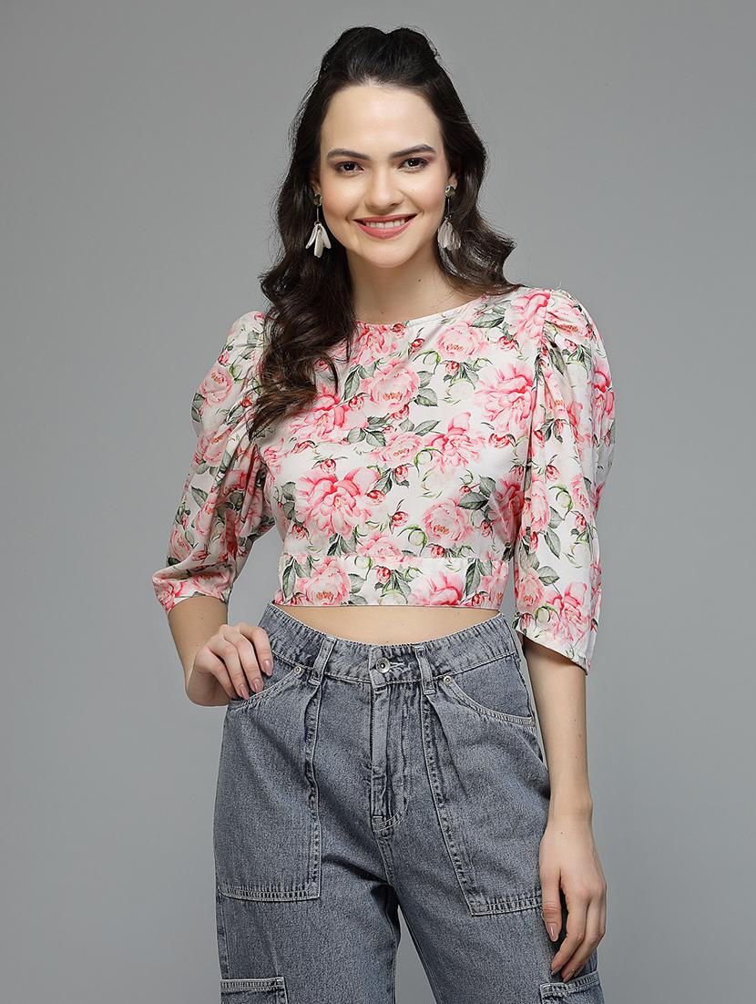 women floral print puff sleeve back tie crop top - 22057806 - Standard Image - 2