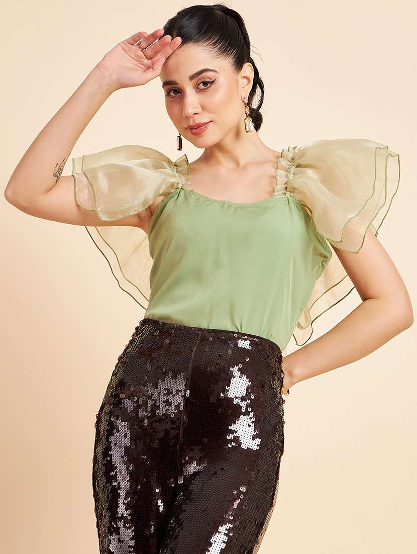 women solid ruffle sleeve regular fit top - 22057808 -  Standard Image - 2