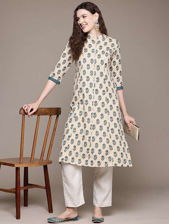 women floral three quarter sleeve a-line kurta - 22057835 -  Standard Image - 2