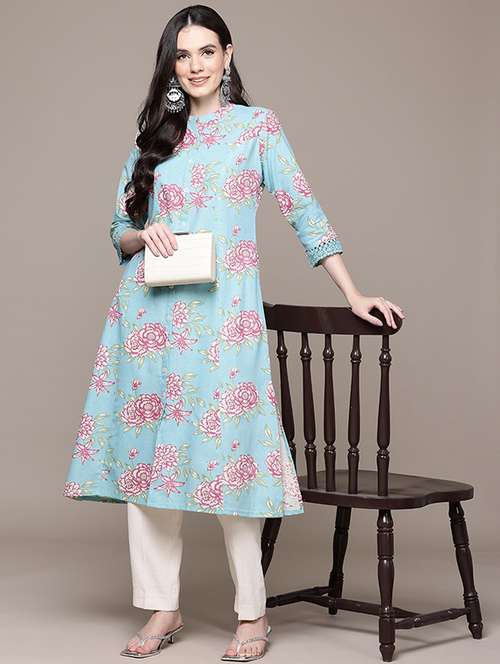 women floral three quarter sleeve a-line kurta - 22057838 -  Standard Image - 0