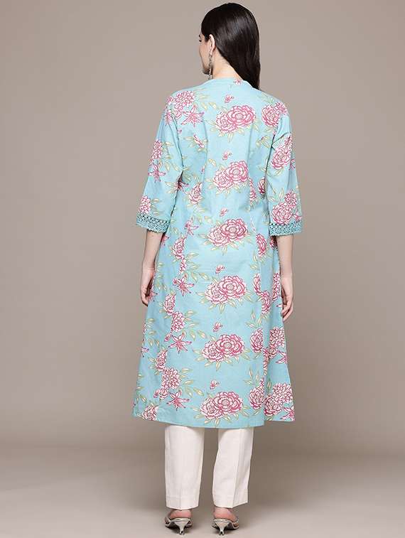 women floral three quarter sleeve a-line kurta - 22057838 -  Standard Image - 2