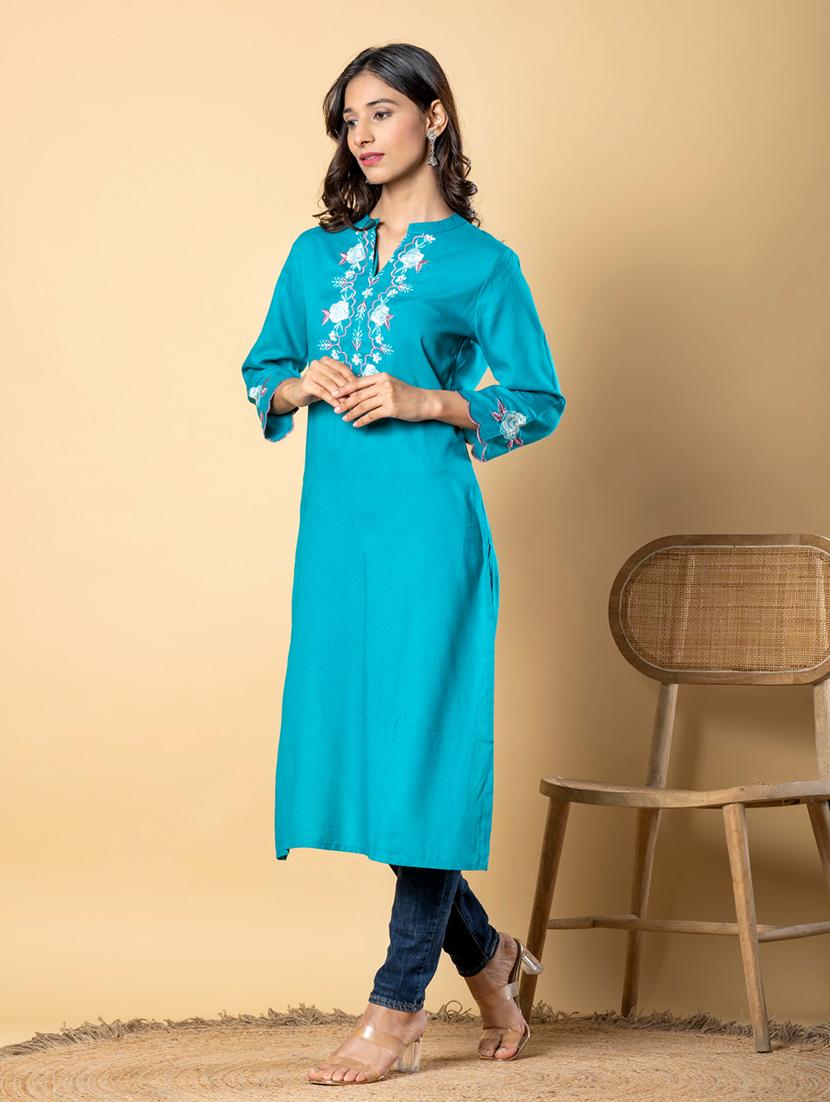 women three quarter sleeve straight kurta - 22057840 - Standard Image - 2