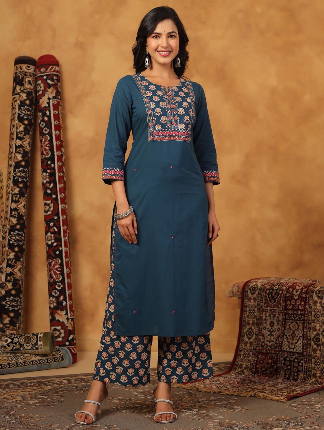 women printed three quarter sleeve kurta palazzo with dupatta set - 22057879 - Standard Image - 2