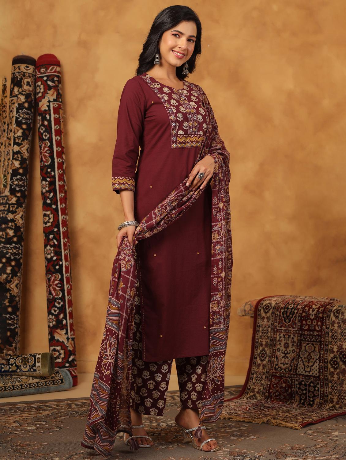 maroon cotton kurta palazzo set - 22057880 - Standard Image - 2