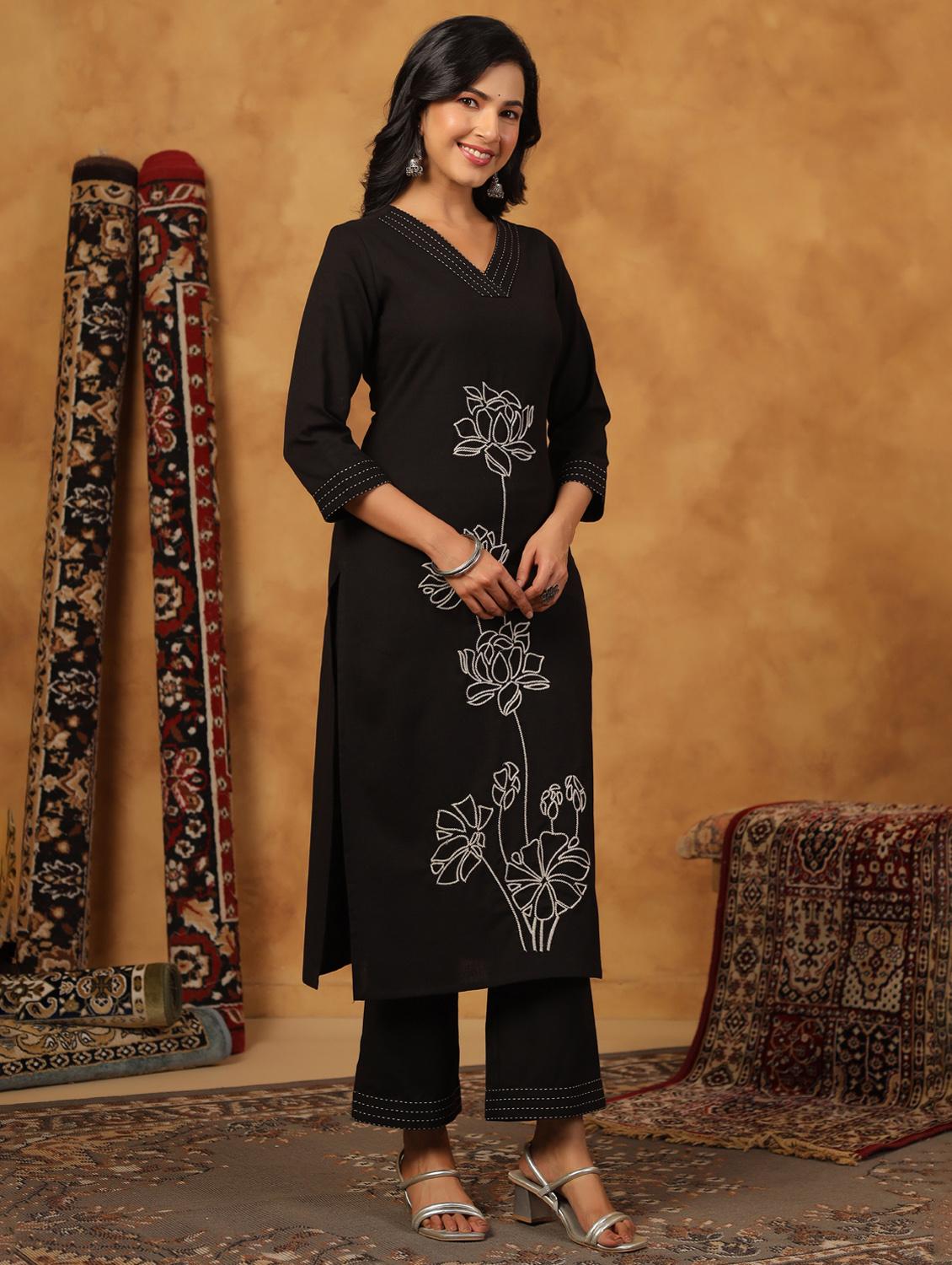 black cotton kurta palazzo set - 22057885 - Standard Image - 2