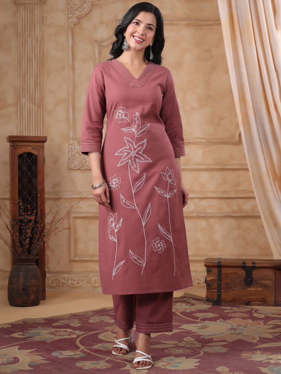 women embroidered three quarter sleeve kurta palazzo set