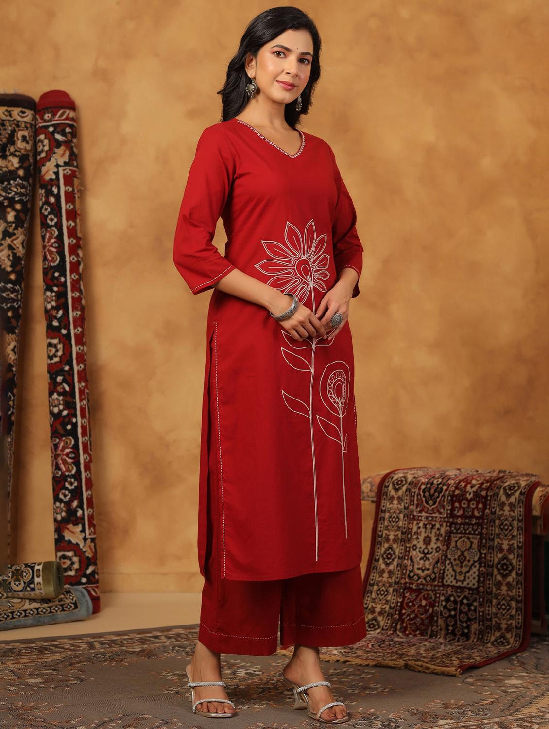 maroon cotton kurta palazzo set - 22057890 - Standard Image - 2