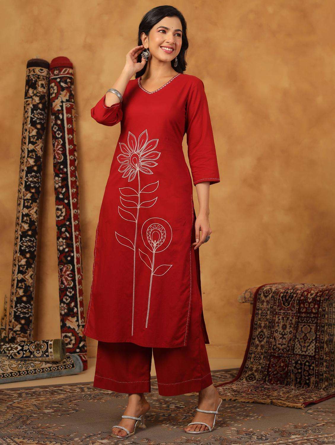 women embroidered three quarter sleeve kurta palazzo set - 22057890 -  Standard Image - 2
