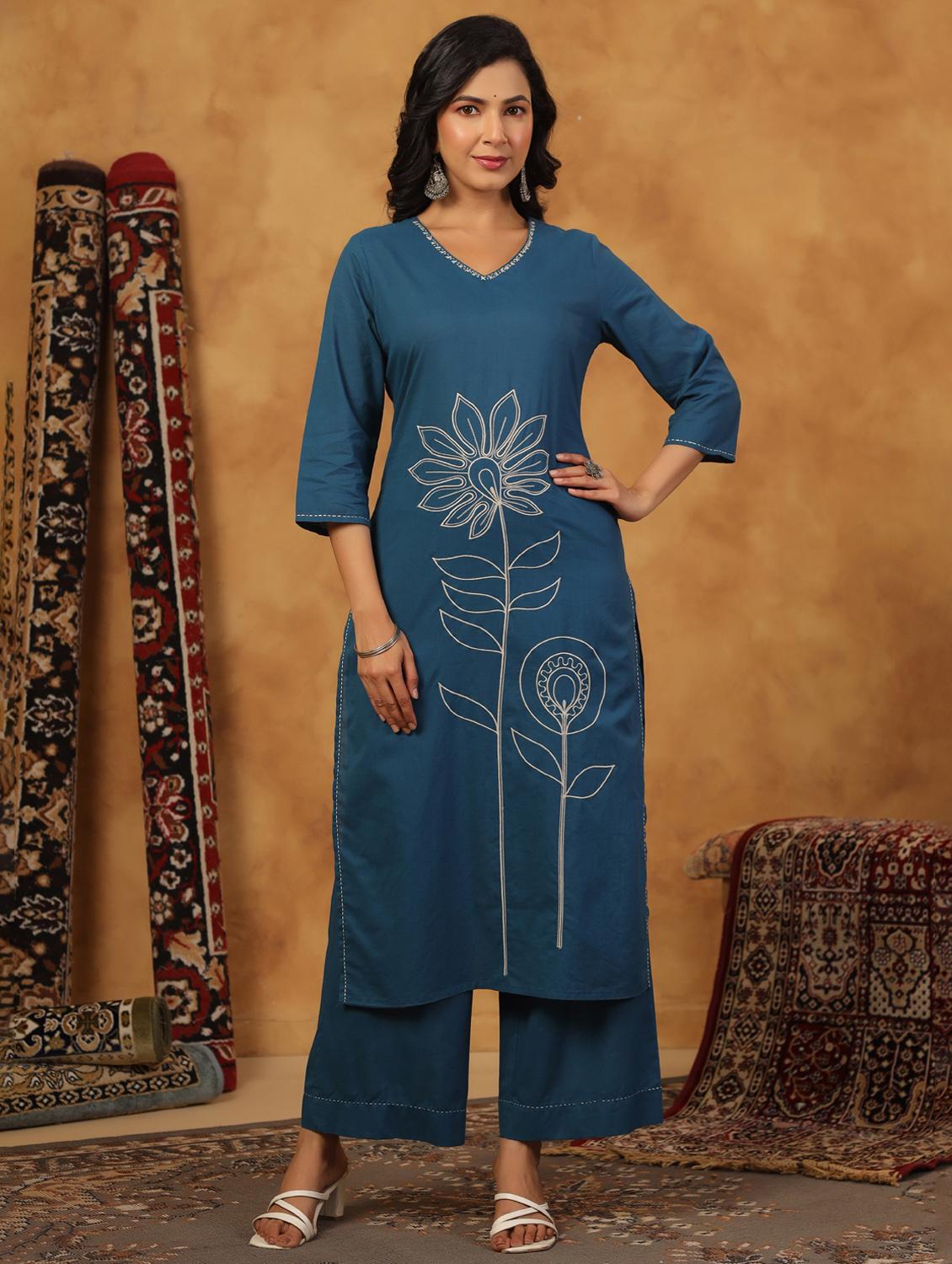 teal cotton kurta palazzo set - 22057891 - Standard Image - 2