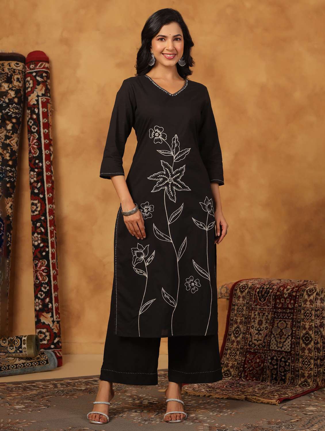 women embroidered three quarter sleeve kurta palazzo set