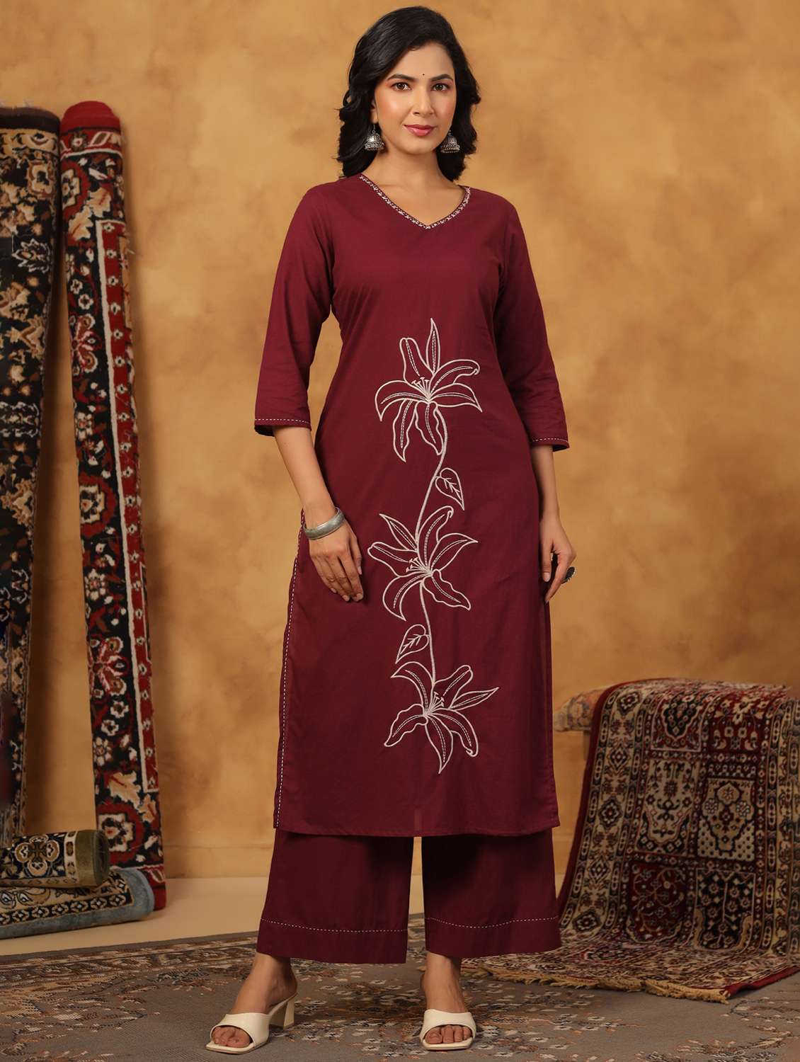 women embroidered three quarter sleeve kurta palazzo set