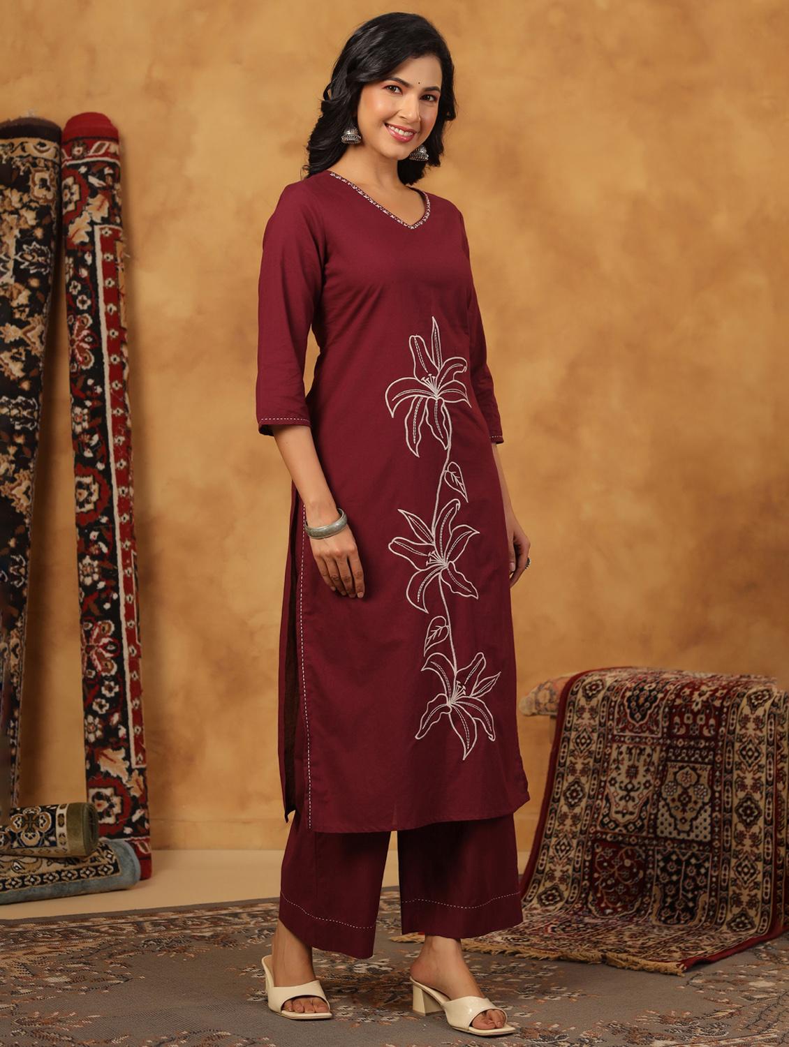 maroon cotton kurta palazzo set - 22057895 - Standard Image - 2