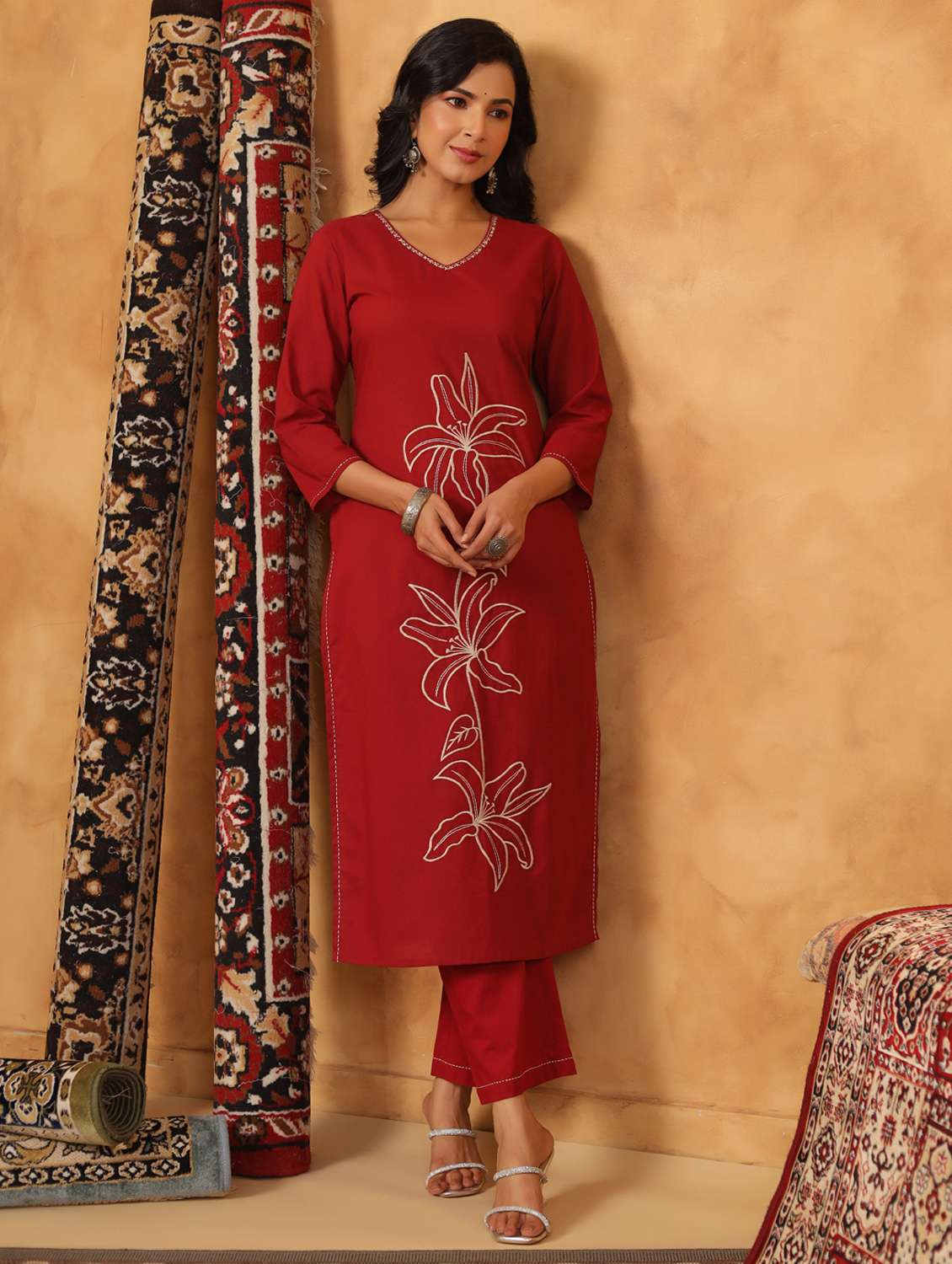 women embroidered three quarter sleeve kurta palazzo set