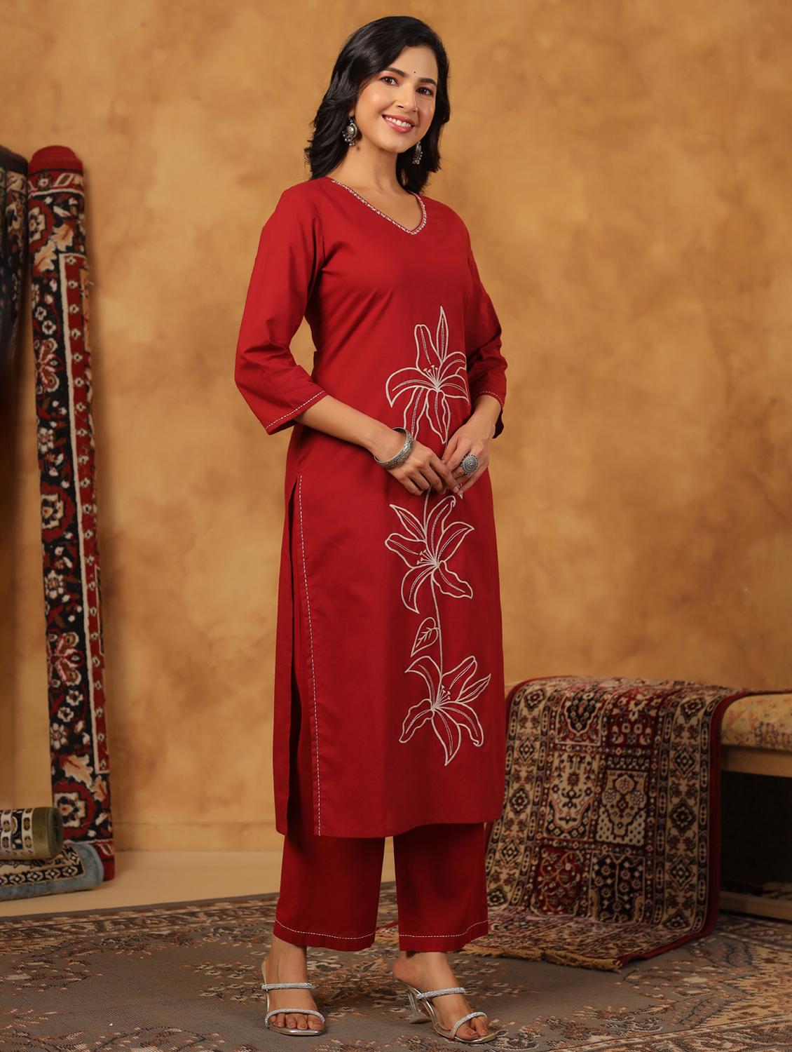 maroon cotton kurta palazzo set - 22057896 - Standard Image - 2