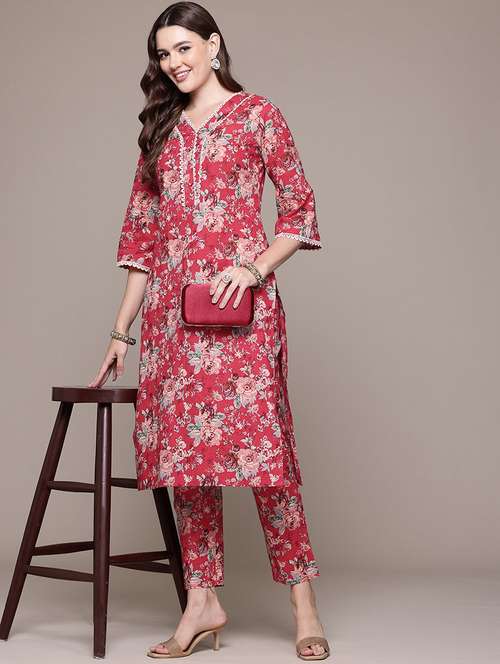 women three quarter sleeve kurta and pant set - 22058044 - Standard Image - 0