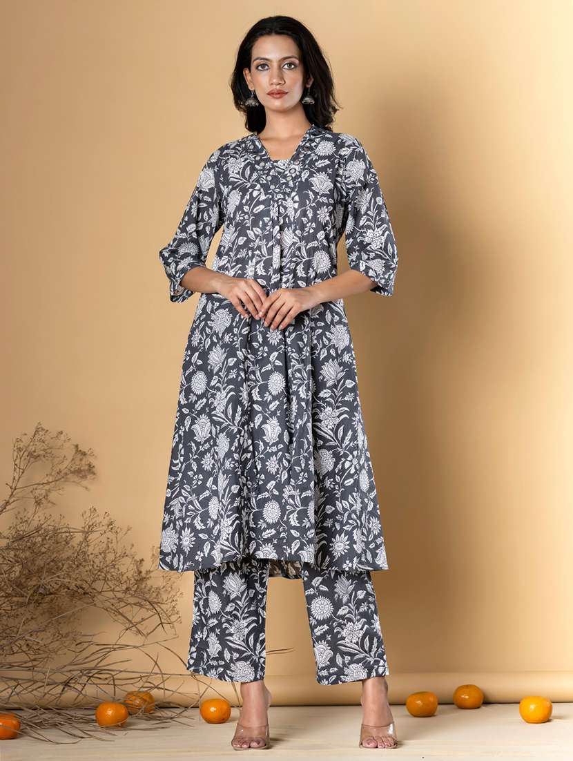 grey cotton kurta palazzo  set