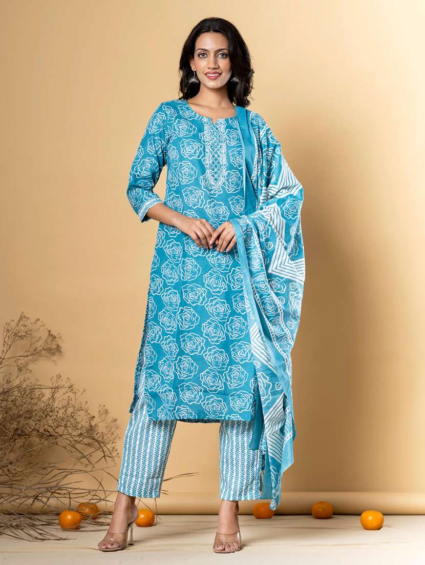blue cotton blend suit  set