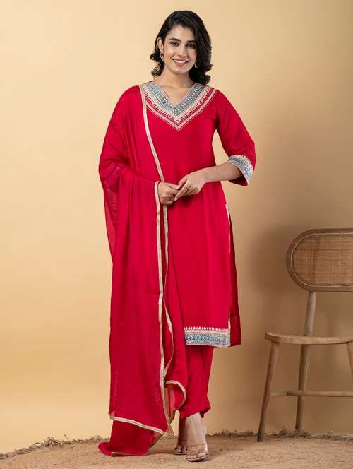 women three quarter sleeve kurta pant with dupatta set - 22058329 -  Standard Image - 0