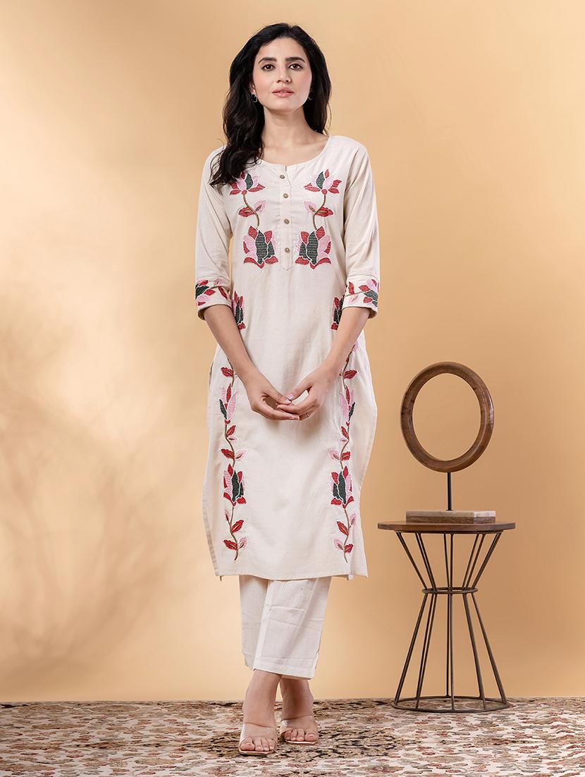 off white cotton blend kurta palazzo set - 22058341 - Standard Image - 2