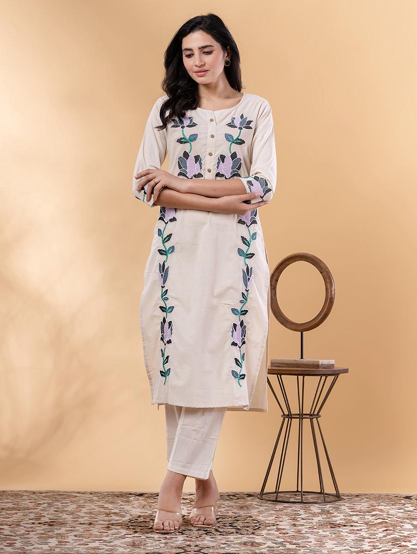 off white cotton blend kurta palazzo set - 22058342 - Standard Image - 2