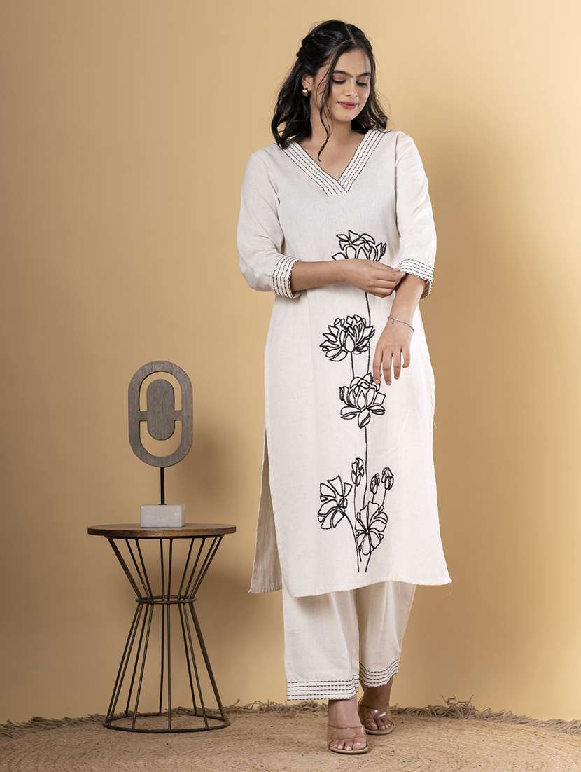off white cotton blend kurta palazzo  set - 22058353 -  Standard Image - 2