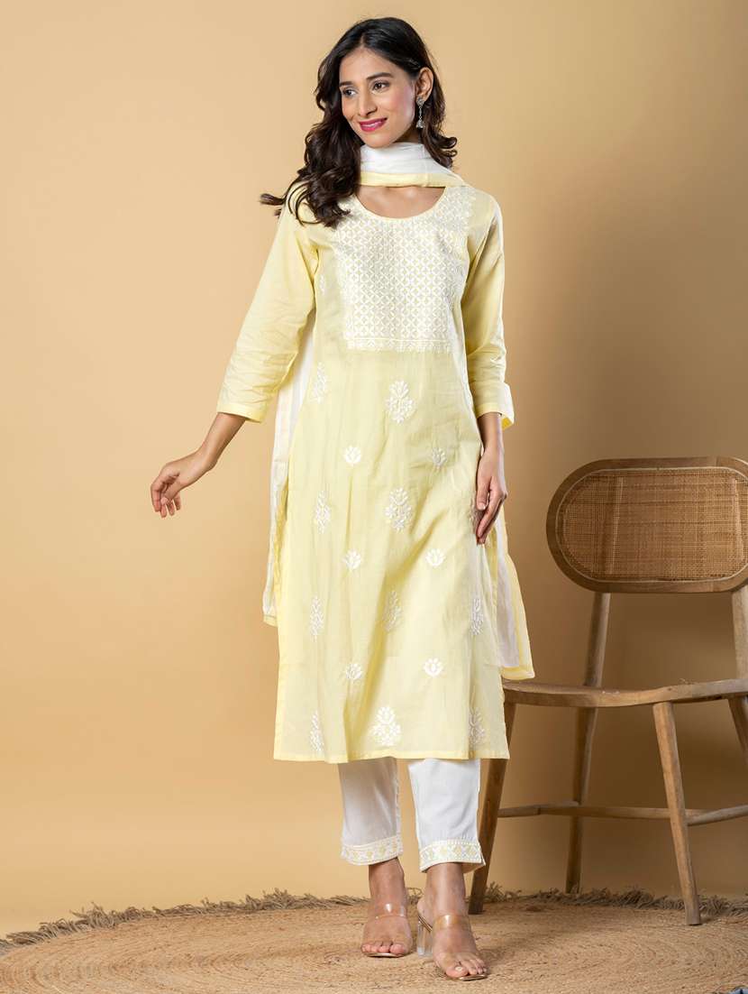 women three quarter sleeve kurta pant with dupatta set