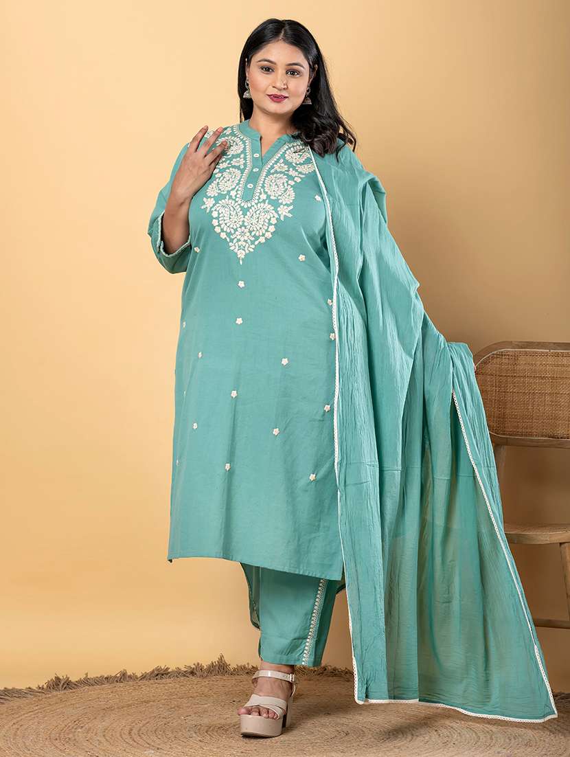 green cotton blend suit  set