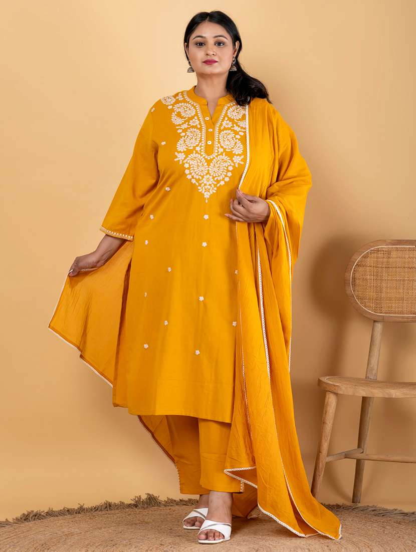 mustard cotton blend suit  set